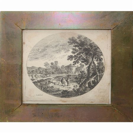 Ludovico  Mattioli (Crevalcore 1662 - Bologna 1747)  - Paesaggio con alberi e personaggi
