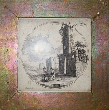 Ludovico  Mattioli (Crevalcore 1662 - Bologna 1747)  - Paesaggio con ruderi e personaggi