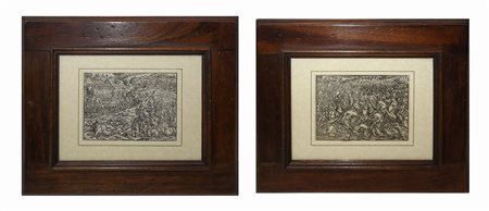 Jost Amman (Swiss 1539 - 1591)  - Coppia di incisioni raffiguranti scene belliche, 16° secolo