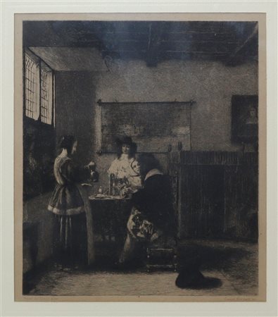 Daniel  Mordant (Quimper 1853 - 1914)  - La visita, da Pieter de Hooch, 19° secolo