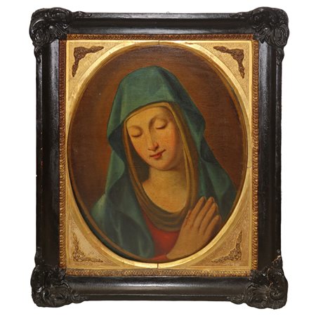 Madonna in preghiera in cornice in legno con decori agli angoli, 19°  secolo