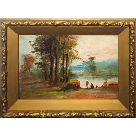 Vincenzo Udine (Palermo 1898 - 1981)  - Paesaggio lacustre con personaggi e alberi