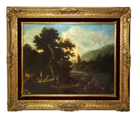 Paesaggio fluviale con personaggi e armenti, 20°  secolo