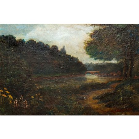 Edward Robinson (1824 - 1883)  - Paesaggio fluviale con ponte