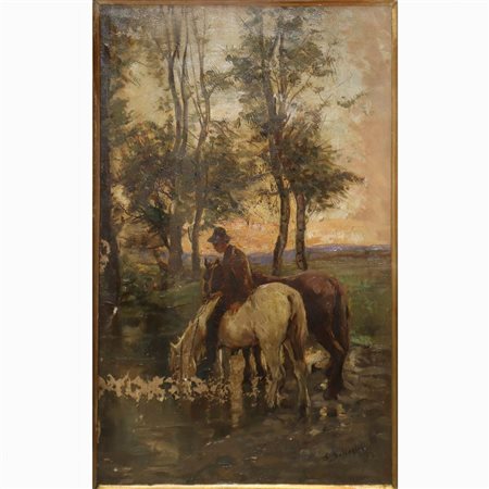 Domenico Battaglia (1842 - 1904)  - Ragazzo a cavallo che beve