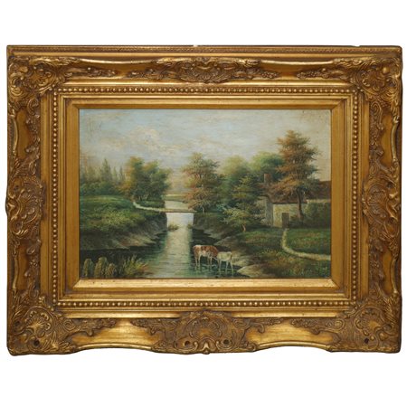 Paesaggio fluviale con buoi, late 19°  secolo