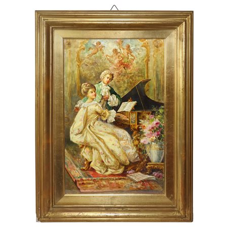 Gaetano  Emanuele (Catania 1876 - 1953)  - Scena galante con dama al piano, late 19°  secolo