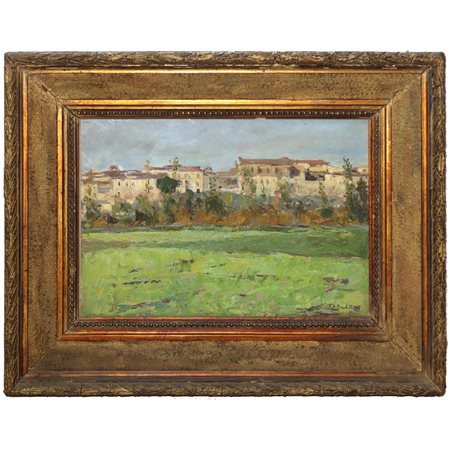 Attilio  Zanchelli (Benevento  1866 - Genova)  - Prato con case