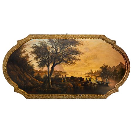 Paesaggio marino con barche e personaggi, sovraporta