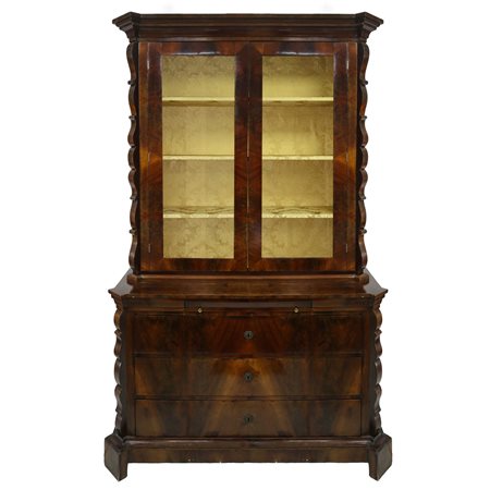 Credenza vetrina in piuma di mogano a due corpi, 19°  secolo