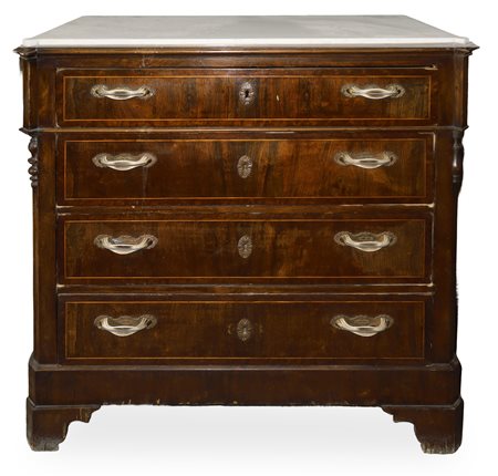 Cassettone 4 cassetti marmo bianco al piano sagomato con maniglie e bocchette in ottone