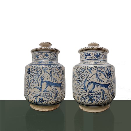 Coppia di vasi da farmacia con decori blu su fondo bianco di fiori e animali.
