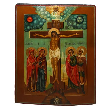 Icona russa raffigurante crocifissione con santi, 19°  secolo