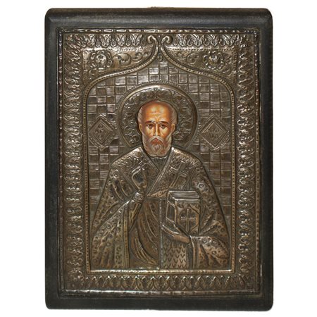 Icona bizantina con riza ricoperta in argento 750 raffigurante San Nicola, beginning of ° e 20°  secolo