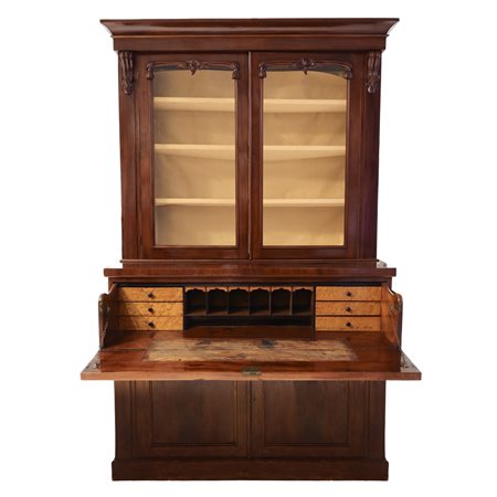 Vetrina inglese in piuma di mogano con calatoia, 19°  secolo