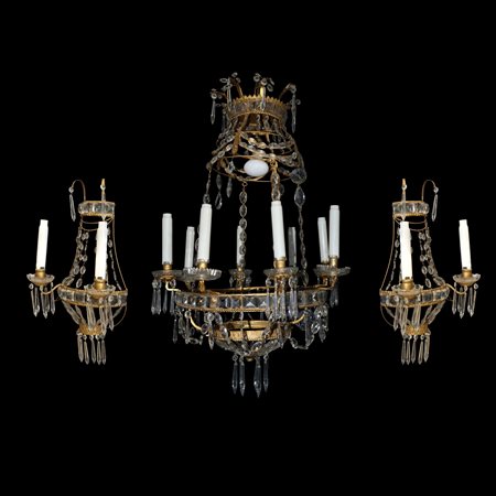 Lampadario con coppia di appliques con struttura in metallo dorata e brindoli, late 19°  secolo