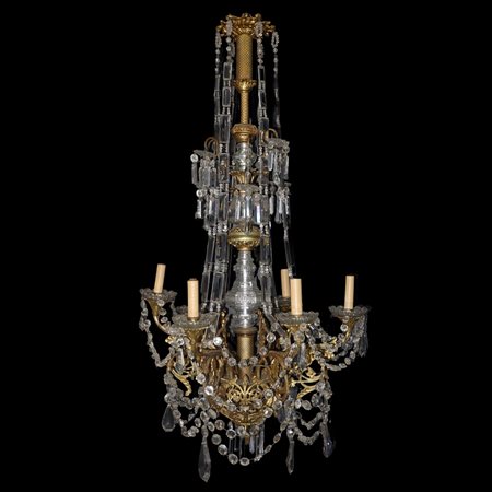 Lampadario con fusto in ottone e vetro con brindoli e piattini in vetro