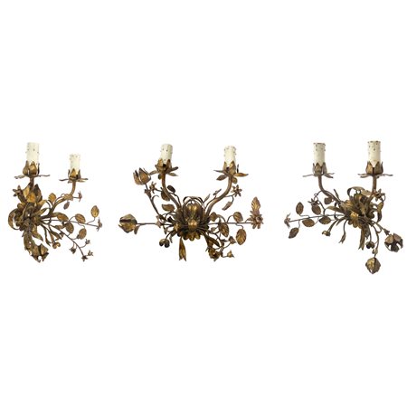 N°3 Appliques a due luci in metallo dorato, early 20°  secolo