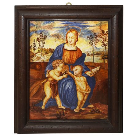 Giulio Romano (copia da) (Roma 1499 - Mantova 1546)  - Placca in ceramica raffigurante Madonna con Gesù e San Giovannino