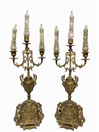 Coppia candelieri in bronzo dorato a tre luci, 19°  secolo