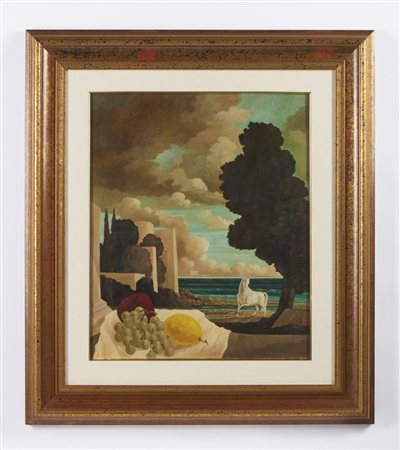 TOMMASI TOMASO (n. 1955) - NATURA MORTA E PAESAGGIO CON CAVALLO, ALBERO E ARCHITETTURE.