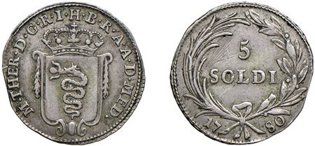 MARIA TERESA D'ASBURGO, Nuova monetazione (1778-1780) - 5 soldi 1780, Milano.