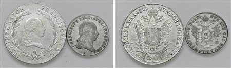 FRANCESCO I D'ASBURGO-LORENA, monetazione per l'Impero (1815-1835) - Lotto due monete da 3 Kreuzer e 20 Kreuzer.