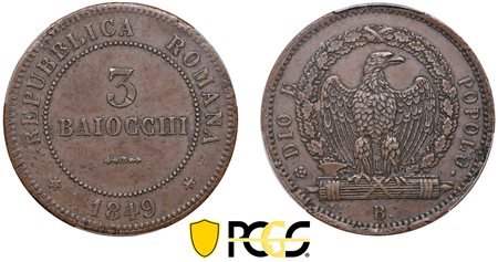 SECONDA REPUBBLICA ROMANA (1848-1849) - 3 baiocchi, 1849, Bologna.