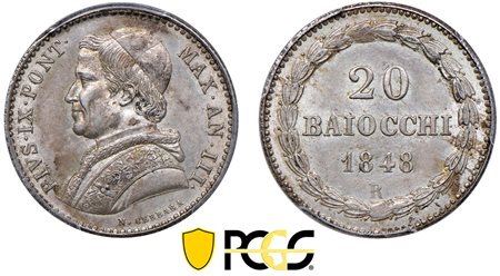 PIO IX, Giovanni Maria Mastai-Ferretti (1846-1870) - 20 baiocchi 1848, an. III, I tipo, Roma.