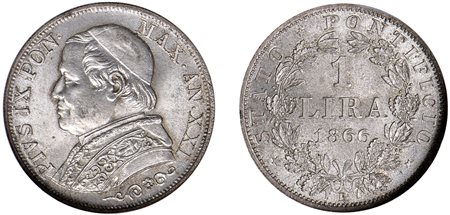 PIO IX, Giovanni Maria Mastai-Ferretti (1846-1870) - Lira 1866, an. XXI, III tipo, Roma.