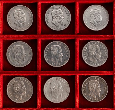 VITTORIO EMANUELE II, Re d'Italia (1861-1878) - Lotto di 9 monete da 5 lire, zecca di Milano e Roma.