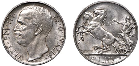 VITTORIO EMANUELE III (1900-1943) - 10 lire 1927, due rosette, Roma.
