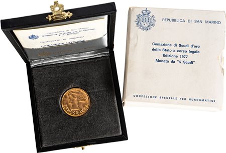SAN MARINO - Nuova monetazione (1972-) - 5 scudi 1977, 'Democrazia'.