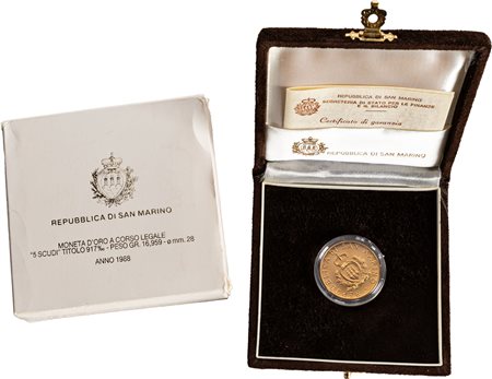 SAN MARINO - Nuova monetazione (1972-) - 5 scudi 1988, 'Diritti dell'Uomo'.