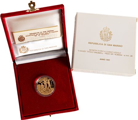 SAN MARINO - Nuova monetazione (1972-) - 5 scudi 1991, 'Pace riconquistata'.
