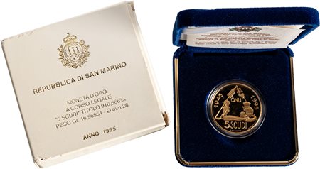 SAN MARINO - Nuova monetazione (1972-) - 5 scudi 1995, '50° Anniversario costituzione ONU'.