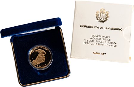 SAN MARINO - Nuova monetazione (1972-) - 5 scudi 1997, 'Annunciazione'.