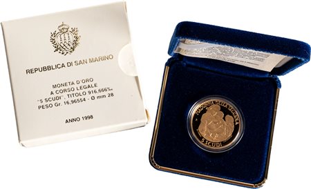 SAN MARINO - Nuova monetazione (1972-) - 5 scudi 1998, 'Madonna della seggiola'.