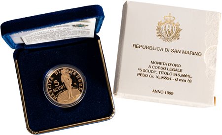 SAN MARINO - Nuova monetazione (1972-) - 5 scudi 1999, 'Nascita di Venere'.