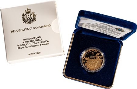SAN MARINO - Nuova monetazione (1972-) - 5 scudi 2000, 'Il ratto d'Europa'.