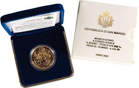 SAN MARINO - Nuova monetazione (1972-) - 5 scudi 2001, 'Ingresso Banca mondiale'.