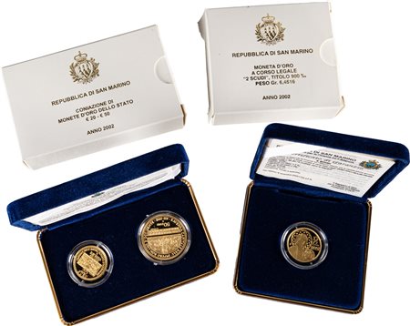 SAN MARINO - Nuova monetazione (1972-) - Lotto composto da 20, 50 euro e 2 scudi, 2002, in astucci originali.