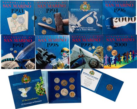 SAN MARINO - Nuova monetazione (1972-) - Lotto di 9 divisionali (1993-2001) più un 1000 lire celebrativo (1997).