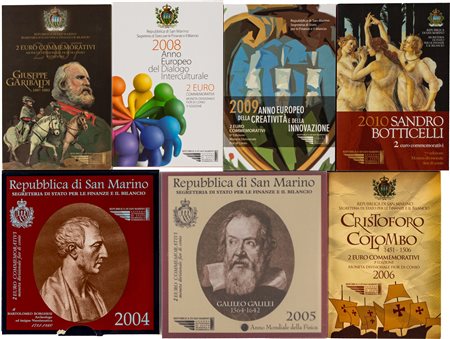 SAN MARINO - Nuova monetazione (1972-) - Lotto di sette emissioni celebrative da 2 euro, in confezione originale (2004-2010).