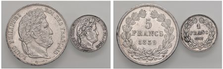 FRANCIA - LUIGI FILIPPO D'ORLEANS (1830-1848) - 5 Franchi 1839 B (Rouen), il lotto con Franco 1847 A (Parigi).
