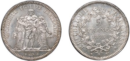 FRANCIA - TERZA REPUBBLICA (1871-1940) - 5 franchi 1873, Parigi.