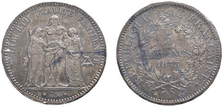 FRANCIA - TERZA REPUBBLICA (1871-1940) - 5 franchi 1873, Parigi.