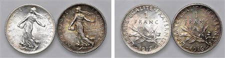 FRANCIA - TERZA REPUBBLICA (1871-1940) - Lotto due esemplari 1 franco 1916 e 1917, Parigi.