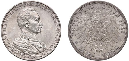 GERMANIA - PRUSSIA - GUGLIELMO II (1888-1918) -  3 marchi 1913 A, 25° Anniversario di Regno.