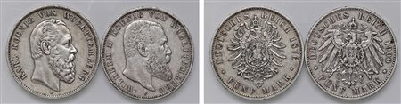GERMANIA - WURTTEMBERG - CARLO I e GUGLIELMO II (1864-1891) - Lotto due monete da 5 Marchi (1876 e 1900 F).